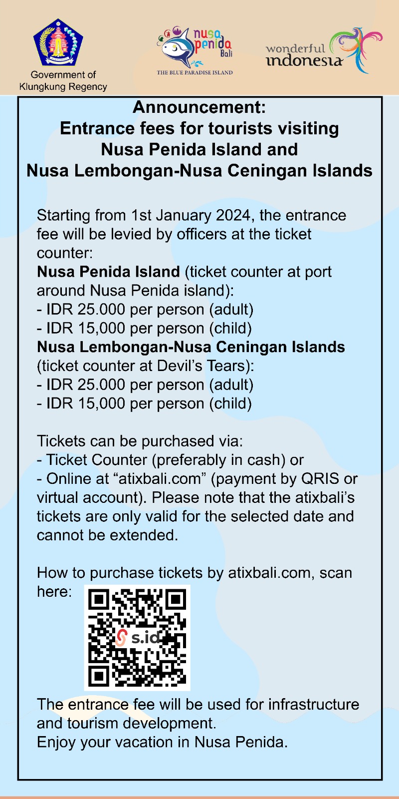 Entrance fees for tourists visiting Nusa Penida Island and Nusa Lembongan-Nusa Ceningan Islands